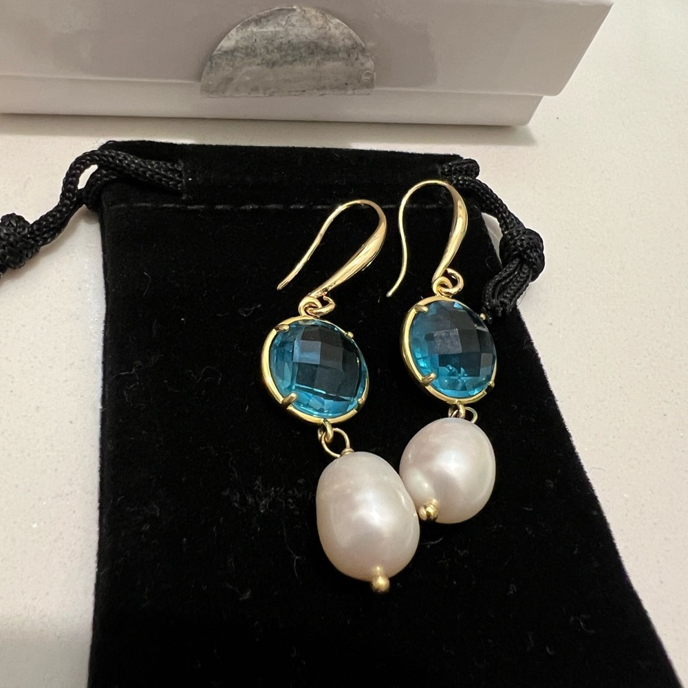 Gold, Blue Crystal and White Pearl Drop Earrings